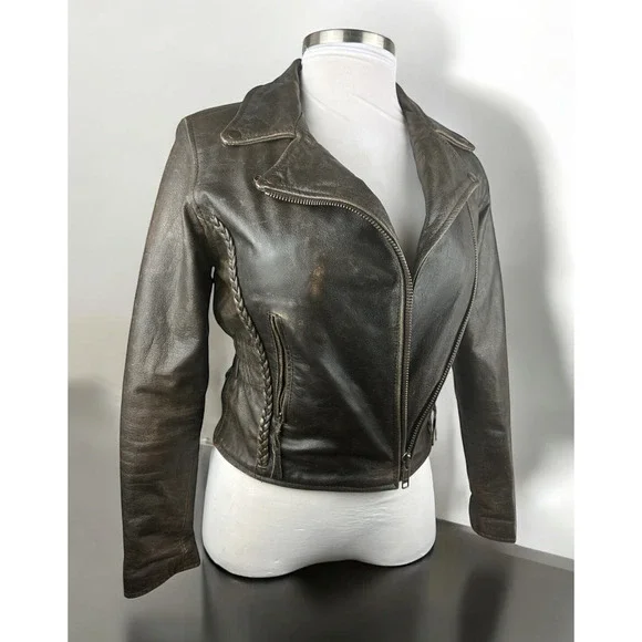 Unik Distressed Brown Leather Braided Moto Motorcycle Jacket Cross Zip Size XS - Picture 16 of 16